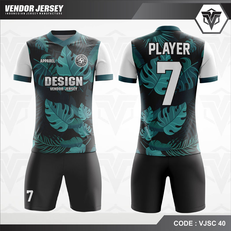 Kostum Bola Printing Motif Daun Hijau Tua Code VJSC 40